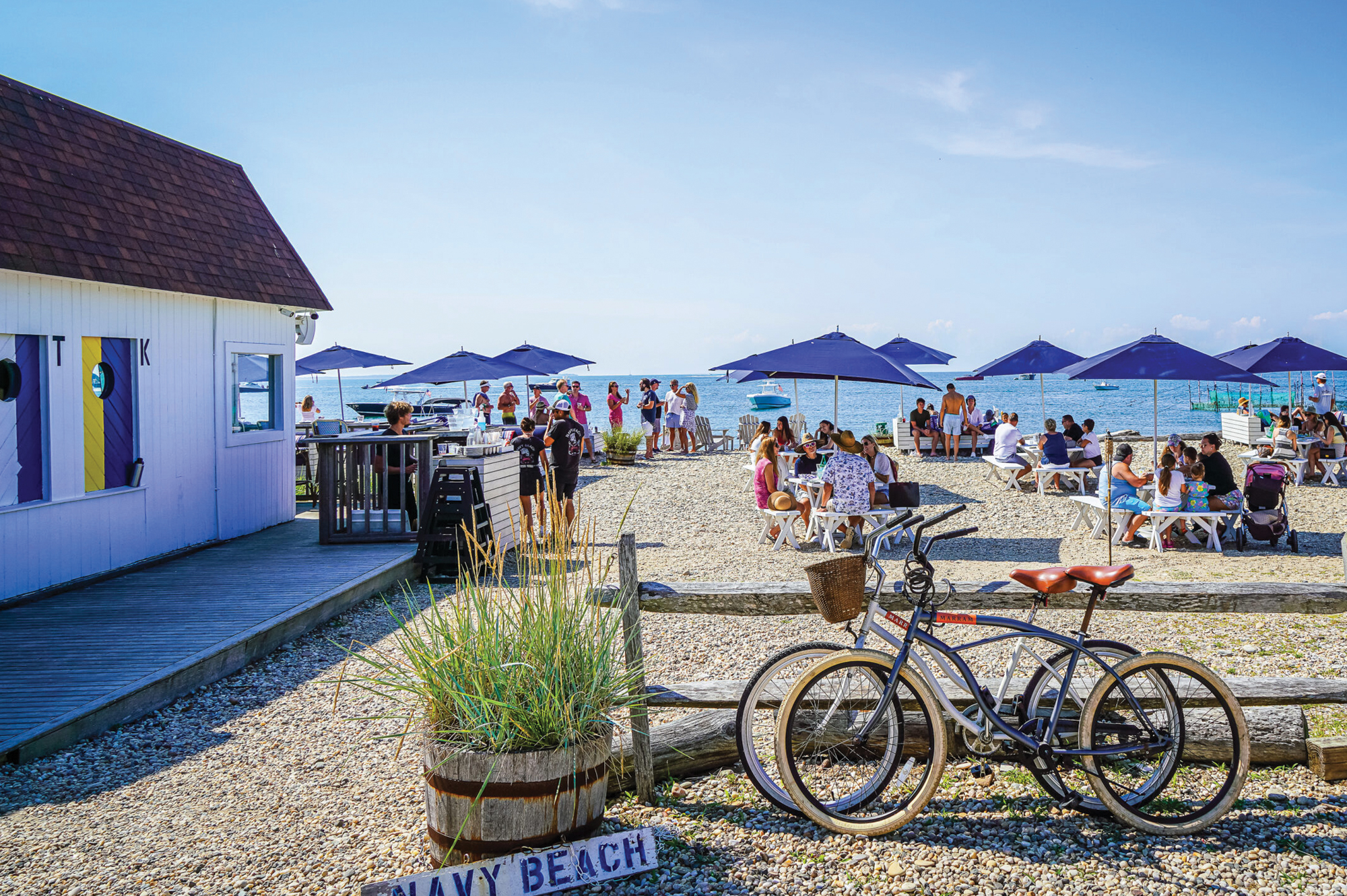 A view of the beachfront patio at Navy Beach on Long Island.